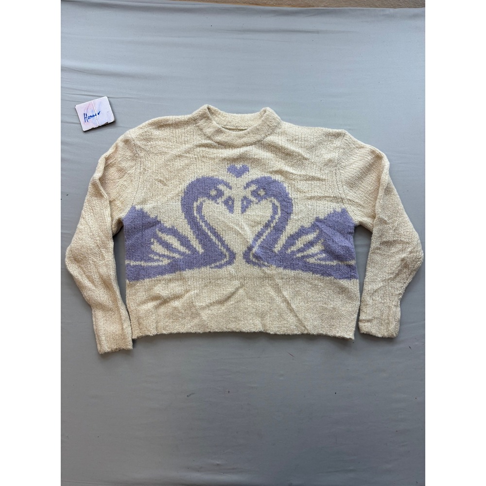 Arthur Apparel Swan Heart Knit Sweater Cream Lavender US 6 AU 10 Mock Neck